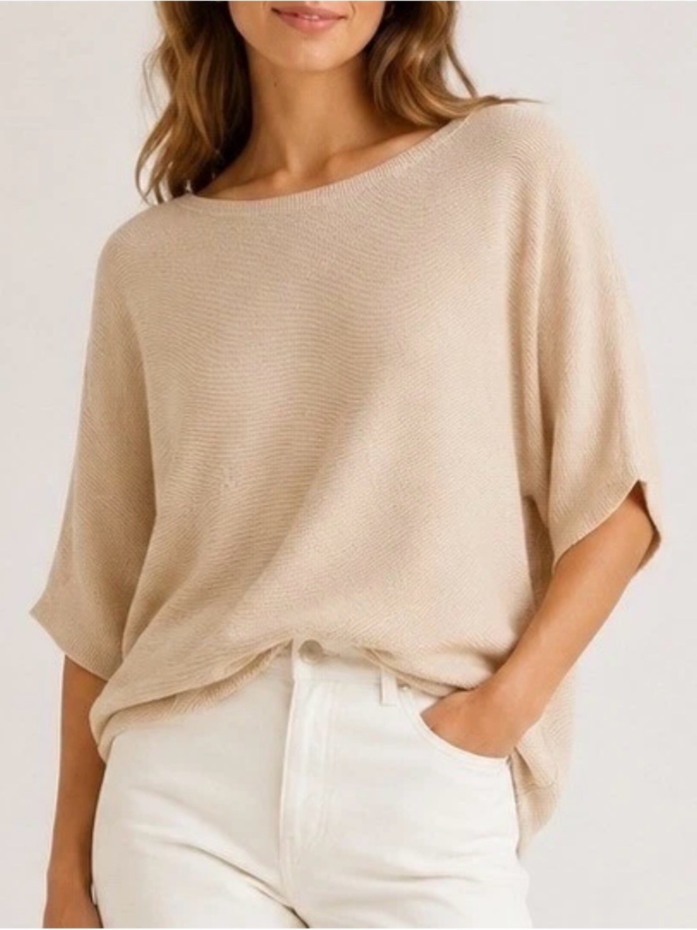 Quince Lightweight Cotton Cashmere Link Stitch Dolman Sweater Trip Beige XL